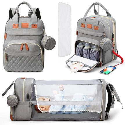 Multifunctional Waterproof Diaper Bag Backpack with Foldable Baby Bed and USB Charging Port