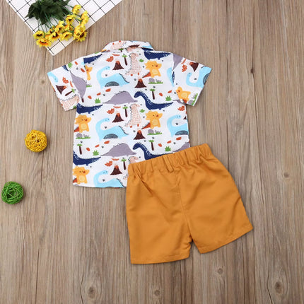 Toddler Boys' Summer Dinosaur Print Outfit Set with Short Sleeve Shirt and Shorts