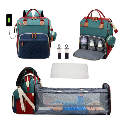 Multifunctional Waterproof Diaper Bag Backpack with Foldable Baby Bed and USB Charging Port