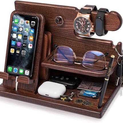 Wood Phone Docking Station for Men - Desk or Nightstand Organizer - Birthday Gifts for Husband, Dad - Anniversary Idea from Wife - Key Holder, Stand Wallet, Watch & Essentials (Bourbon Brown)