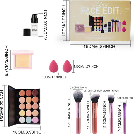 Complete Beauty Makeup Set, Include 15 Colors Concealer Palette, Face Powder, Makeup Primer, Brush, Sponge Set for Girls & Teenagers