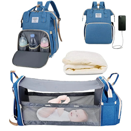 Multifunctional Waterproof Diaper Bag Backpack with Foldable Baby Bed and USB Charging Port