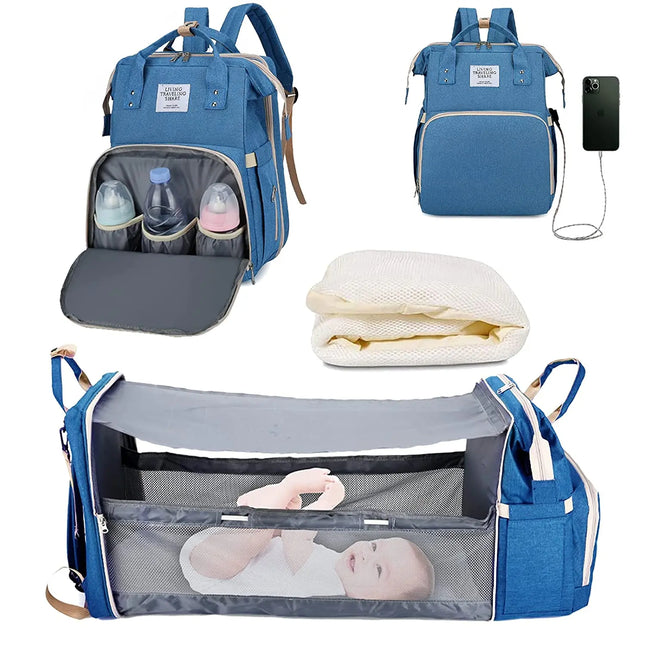 Multifunctional Waterproof Diaper Bag Backpack with Foldable Baby Bed and USB Charging Port