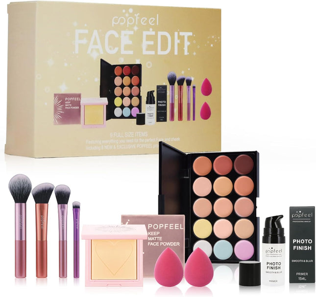 Complete Beauty Makeup Set, Include 15 Colors Concealer Palette, Face Powder, Makeup Primer, Brush, Sponge Set for Girls & Teenagers